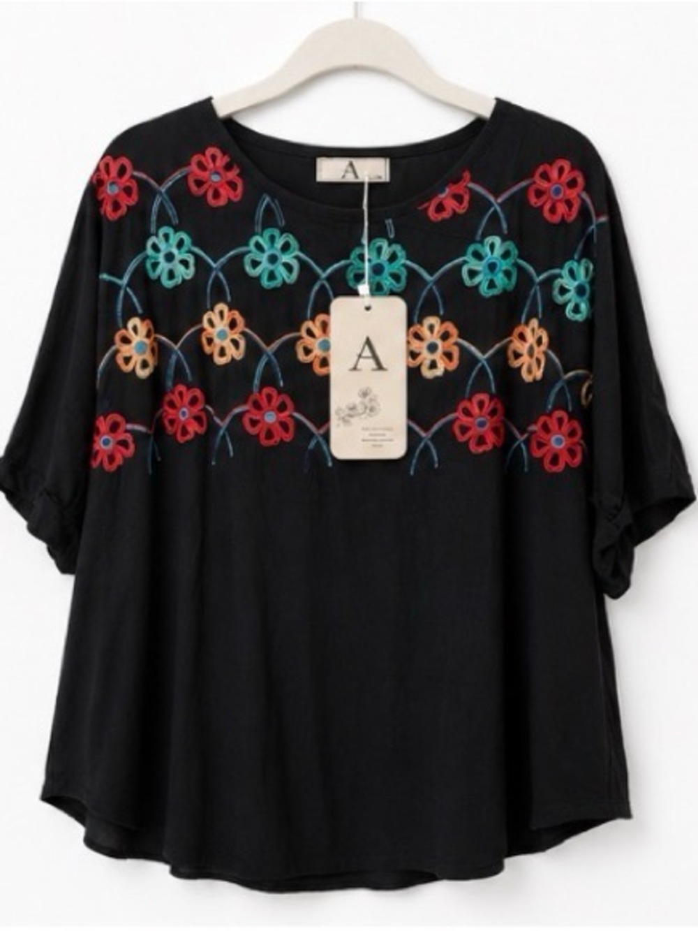 A Floral Embroidered Black Blouse L/XL Multicolor Boho Relaxed Fit NWT